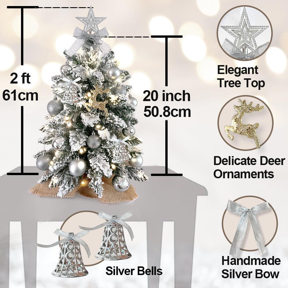 2ft Mini Christmas Tree With Light Artificial Small Tabletop Christmas Decoration With Flocked Snow, Exquisite Decor & Xmas Ornaments For Table Top For Home & Office - NTKSTORE