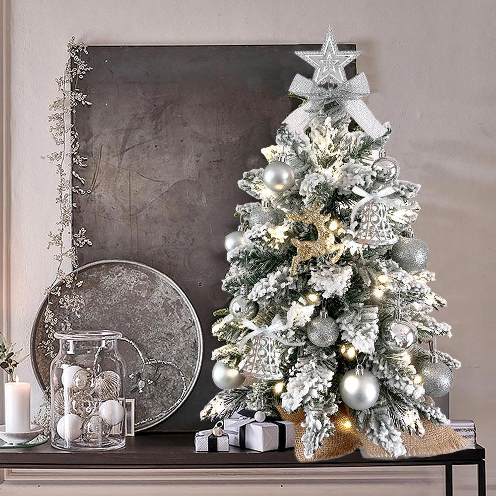 2ft Mini Christmas Tree With Light Artificial Small Tabletop Christmas Decoration With Flocked Snow, Exquisite Decor & Xmas Ornaments For Table Top For Home & Office - NTKSTORE