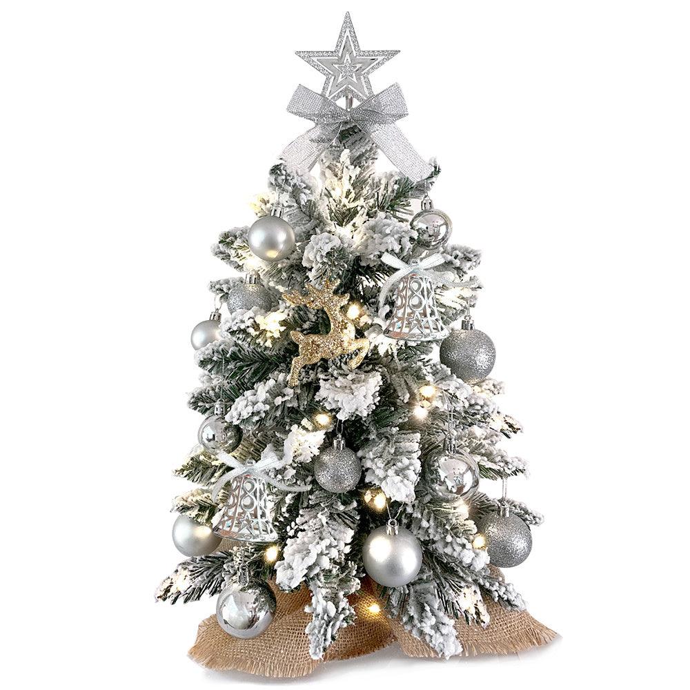 2ft Mini Christmas Tree With Light Artificial Small Tabletop Christmas Decoration With Flocked Snow, Exquisite Decor & Xmas Ornaments For Table Top For Home & Office - NTKSTORE