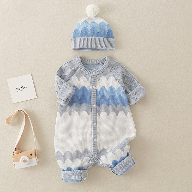 Baby Hooded Long-sleeved Knitted Cotton Jumpsuit Hat Suit