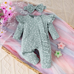 Girls' Long Sleeve Little Daisy Printed Oblique Zipper Jumpsuit Headdress Suit