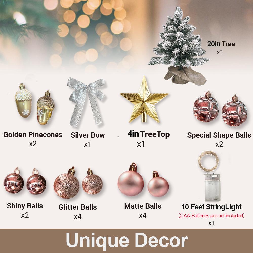 2ft Mini Christmas Tree With Light Artificial Small Tabletop Christmas Decoration With Flocked Snow, Exquisite Decor & Xmas Ornaments For Table Top For Home & Office, Rose Gold - NTKSTORE