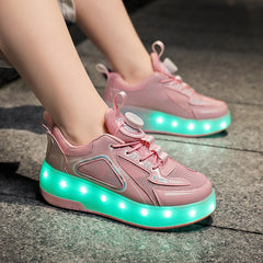 Mesh Double Wheel Heelys Children's Luminous Charging Roller Skating Deformation Skate Shoes