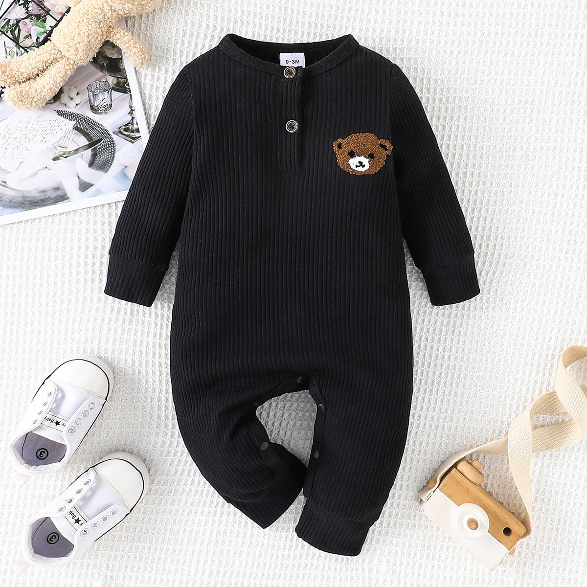 Baby Round Neck Long Sleeve Bear Printed One-piece Romper