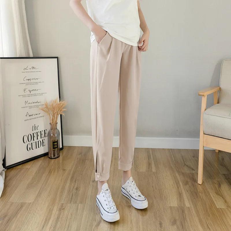 Chiffon Thin Summer Maternity Ankle Pants Fashion Split Button Design Clothes For Pregnant Women Pregnancy Casual Harem Trousers - NTKSTORE
