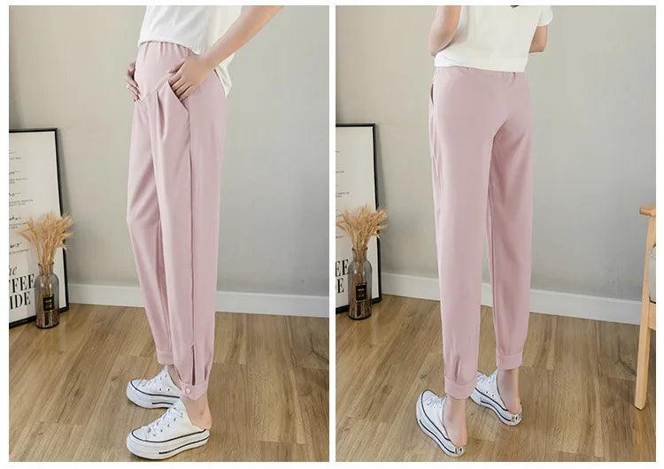 Chiffon Thin Summer Maternity Ankle Pants Fashion Split Button Design Clothes For Pregnant Women Pregnancy Casual Harem Trousers - NTKSTORE