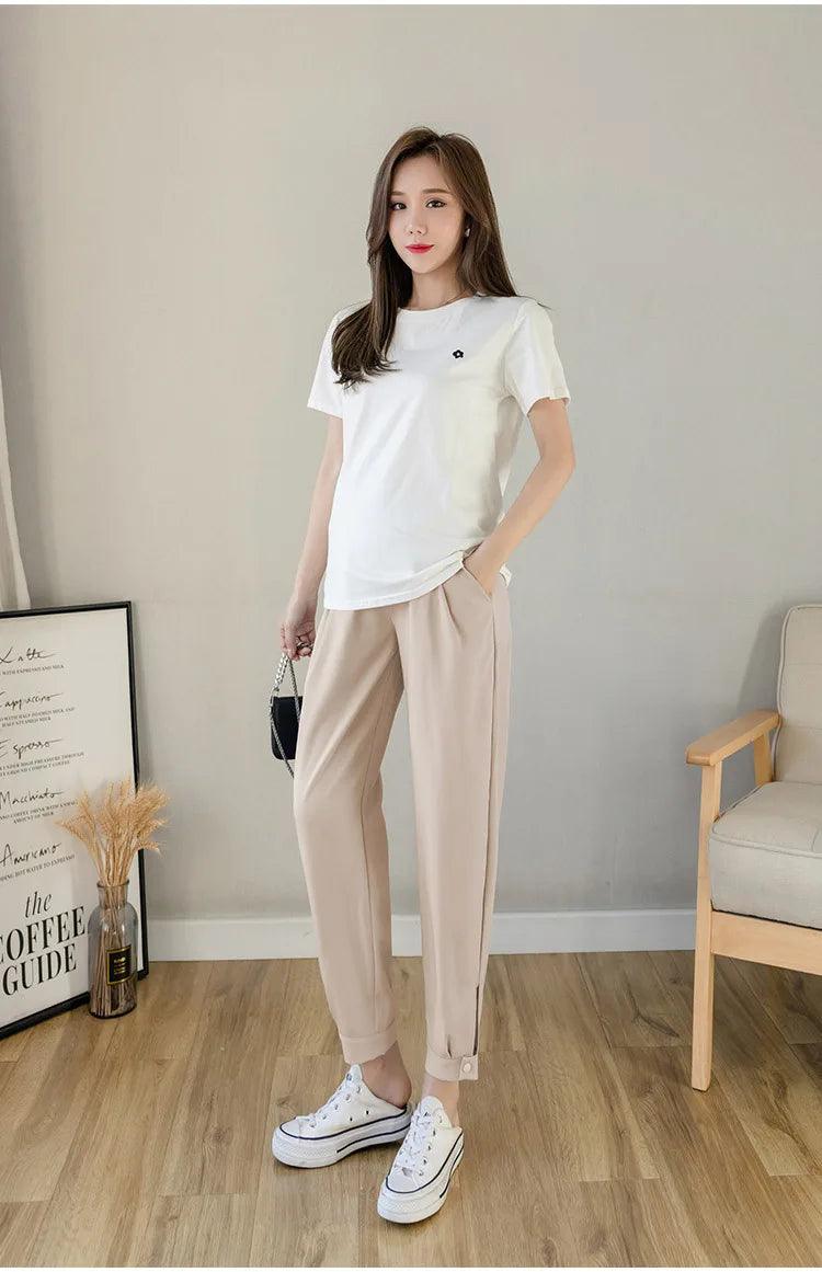 Chiffon Thin Summer Maternity Ankle Pants Fashion Split Button Design Clothes For Pregnant Women Pregnancy Casual Harem Trousers - NTKSTORE