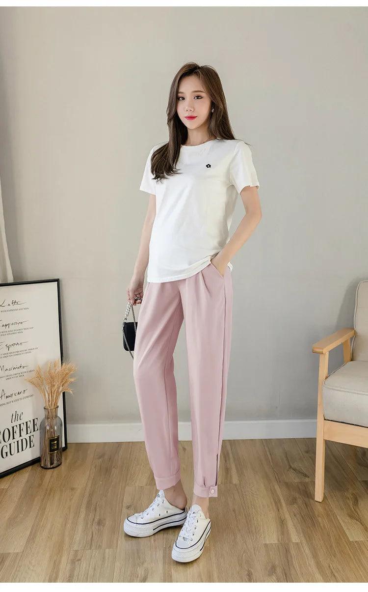 Chiffon Thin Summer Maternity Ankle Pants Fashion Split Button Design Clothes For Pregnant Women Pregnancy Casual Harem Trousers - NTKSTORE