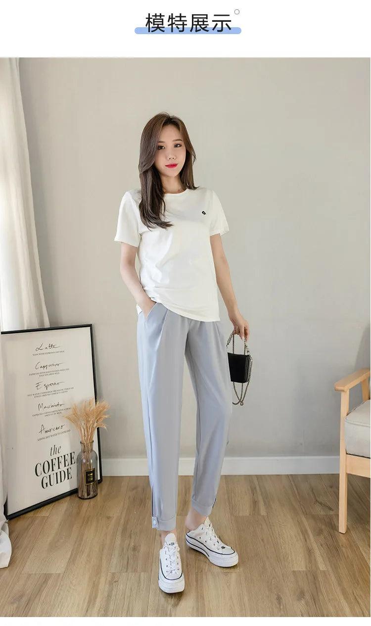 Chiffon Thin Summer Maternity Ankle Pants Fashion Split Button Design Clothes For Pregnant Women Pregnancy Casual Harem Trousers - NTKSTORE