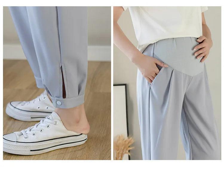 Chiffon Thin Summer Maternity Ankle Pants Fashion Split Button Design Clothes For Pregnant Women Pregnancy Casual Harem Trousers - NTKSTORE