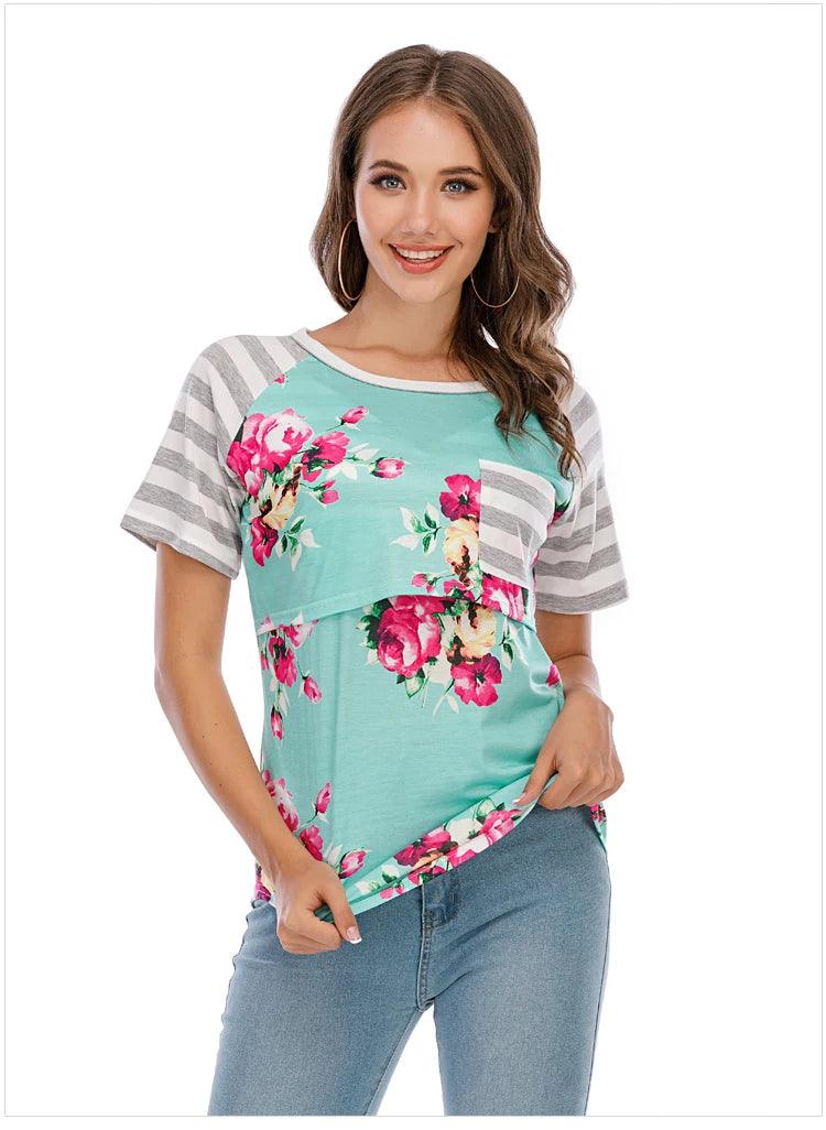 New Casual Womens Pregnant Maternity Clothes Nursing Tops Breastfeeding T-Shirt Pregnancy Striped Short Sleeve Shirt - NTKSTORE