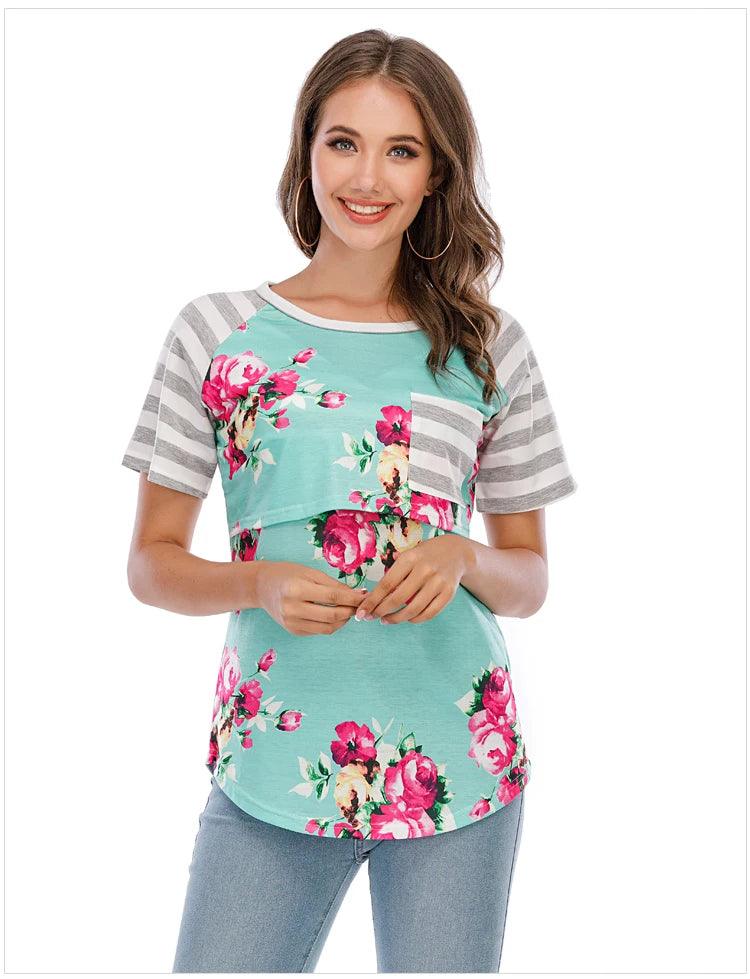 New Casual Womens Pregnant Maternity Clothes Nursing Tops Breastfeeding T-Shirt Pregnancy Striped Short Sleeve Shirt - NTKSTORE