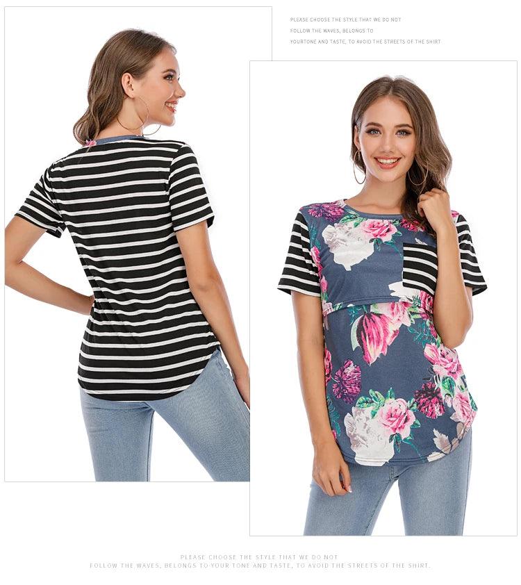 New Casual Womens Pregnant Maternity Clothes Nursing Tops Breastfeeding T-Shirt Pregnancy Striped Short Sleeve Shirt - NTKSTORE