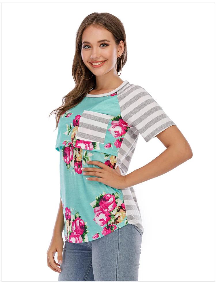 New Casual Womens Pregnant Maternity Clothes Nursing Tops Breastfeeding T-Shirt Pregnancy Striped Short Sleeve Shirt - NTKSTORE