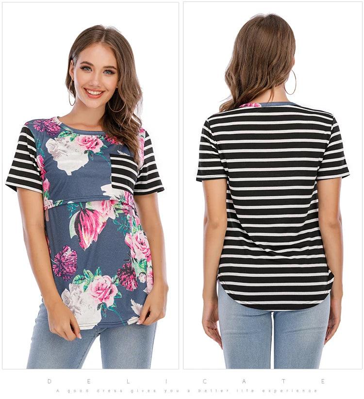 New Casual Womens Pregnant Maternity Clothes Nursing Tops Breastfeeding T-Shirt Pregnancy Striped Short Sleeve Shirt - NTKSTORE