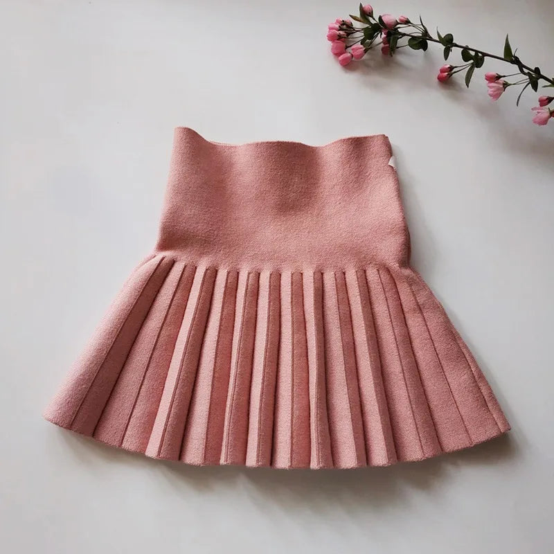 Fashion Parent-Child Short Skirt 2024 Autumn Winter Solid Color Girls Knitting Pleated Skirt Kids Elastic High Waist Mini Skirt - NTKSTORE