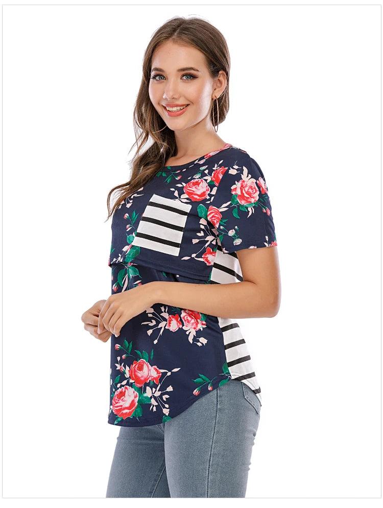 New Casual Womens Pregnant Maternity Clothes Nursing Tops Breastfeeding T-Shirt Pregnancy Striped Short Sleeve Shirt - NTKSTORE