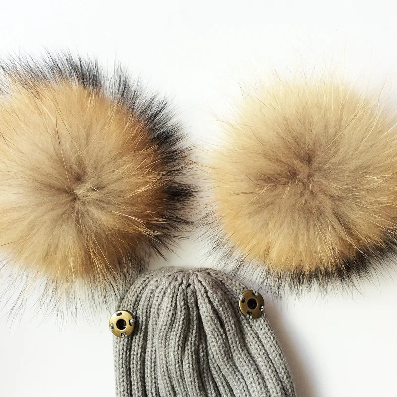 Winter Crochet Double Natural Raccoon Pompom Hat For Girls Real Fur Children Caps High Quality Fashion Kids Beanie Bonnet - NTKSTORE