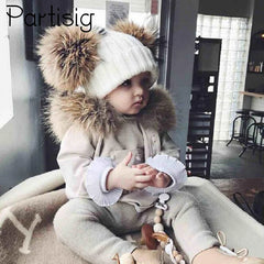 Winter Crochet Double Natural Raccoon Pompom Hat For Girls Real Fur Children Caps High Quality Fashion Kids Beanie Bonnet - NTKSTORE