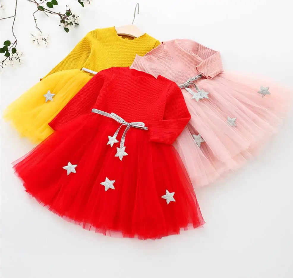 Infant Baby Christmas Dress Knit Gauze Velvet Red Dress Toddlers Girls Kids Clothes Long Sleeve Warm Sweater Dress - NTKSTORE