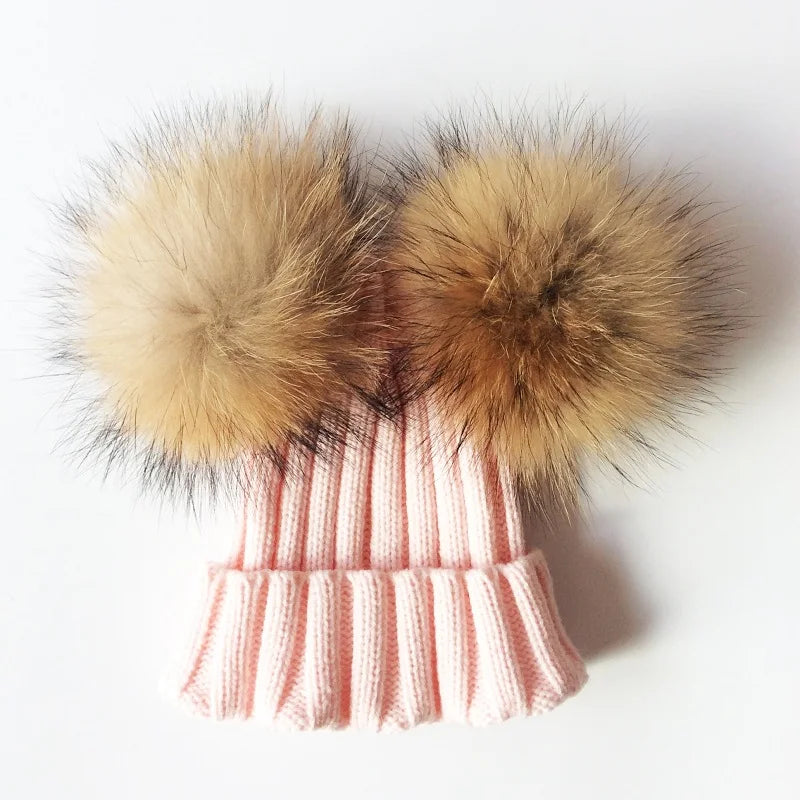 Winter Crochet Double Natural Raccoon Pompom Hat For Girls Real Fur Children Caps High Quality Fashion Kids Beanie Bonnet - NTKSTORE