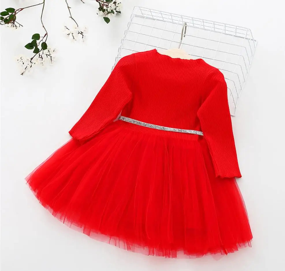 Infant Baby Christmas Dress Knit Gauze Velvet Red Dress Toddlers Girls Kids Clothes Long Sleeve Warm Sweater Dress - NTKSTORE