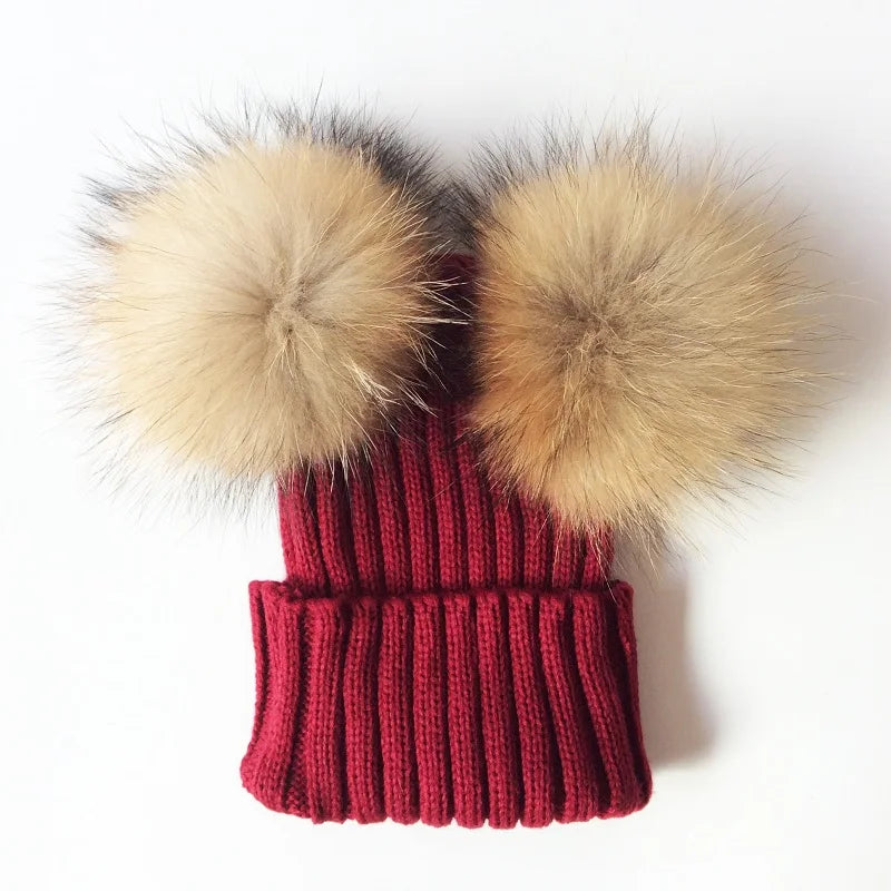 Winter Crochet Double Natural Raccoon Pompom Hat For Girls Real Fur Children Caps High Quality Fashion Kids Beanie Bonnet - NTKSTORE