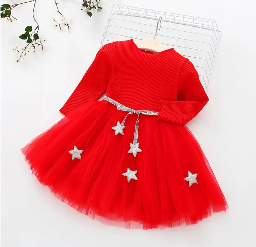 Infant Baby Christmas Dress Knit Gauze Velvet Red Dress Toddlers Girls Kids Clothes Long Sleeve Warm Sweater Dress - NTKSTORE