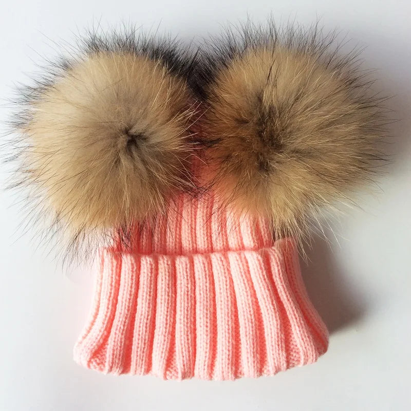 Winter Crochet Double Natural Raccoon Pompom Hat For Girls Real Fur Children Caps High Quality Fashion Kids Beanie Bonnet - NTKSTORE