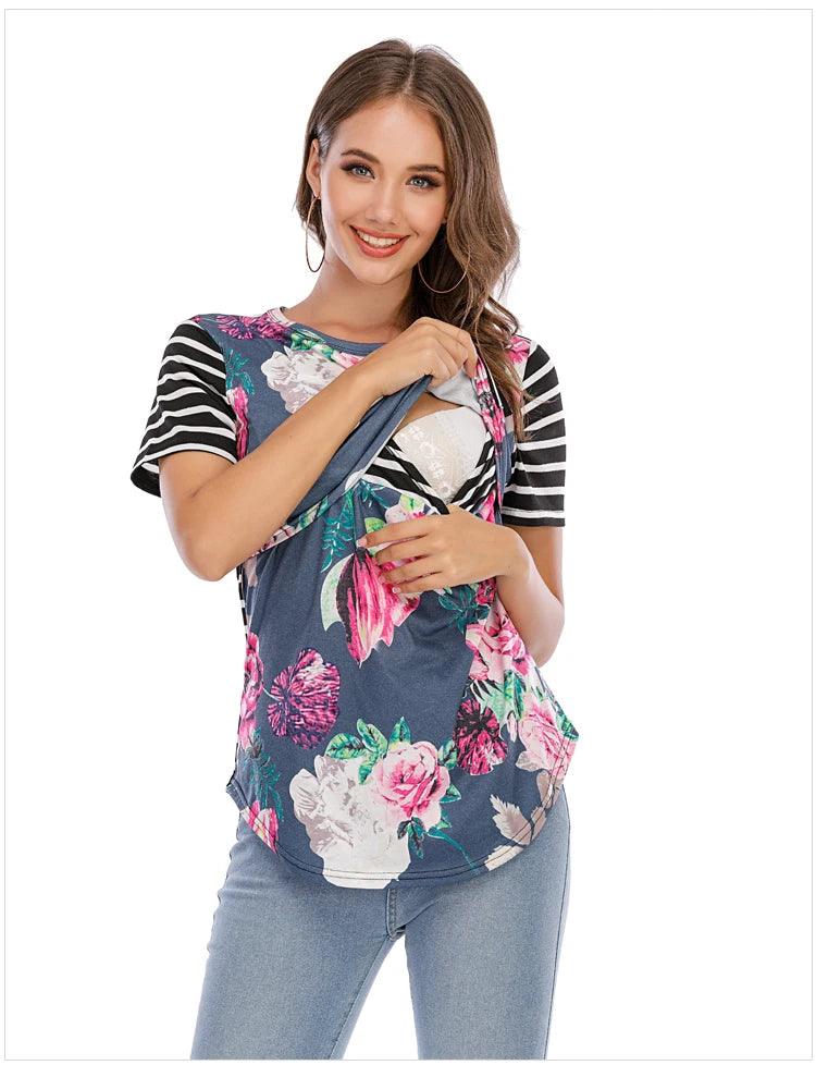 New Casual Womens Pregnant Maternity Clothes Nursing Tops Breastfeeding T-Shirt Pregnancy Striped Short Sleeve Shirt - NTKSTORE