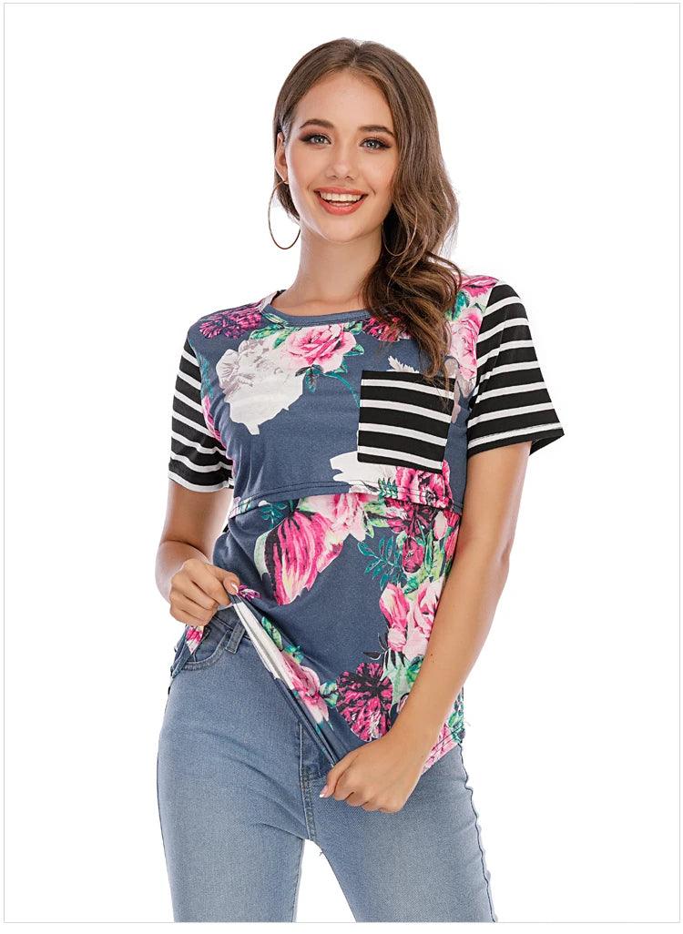 New Casual Womens Pregnant Maternity Clothes Nursing Tops Breastfeeding T-Shirt Pregnancy Striped Short Sleeve Shirt - NTKSTORE