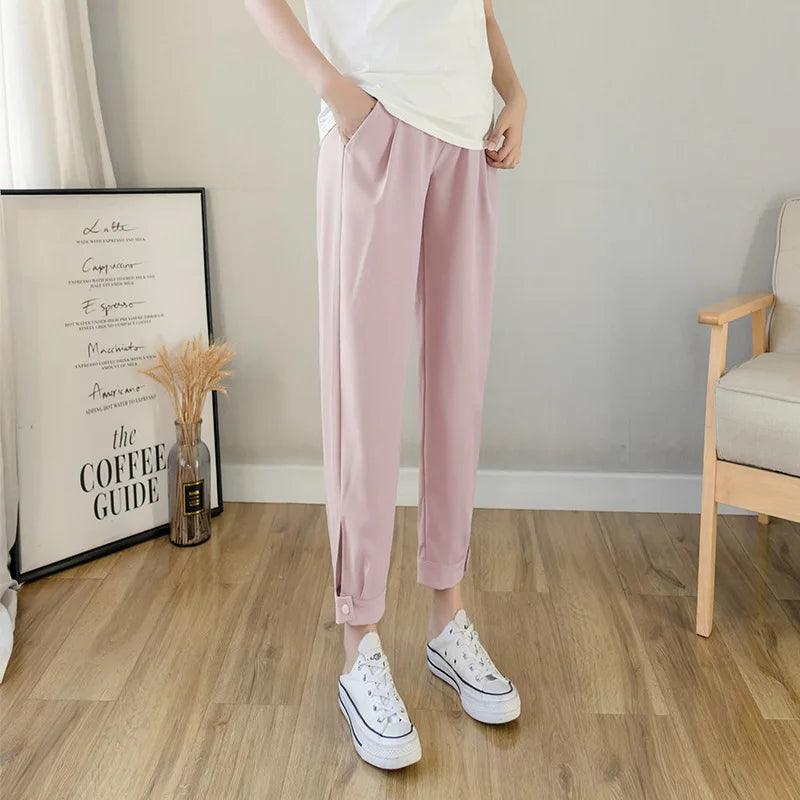 Chiffon Thin Summer Maternity Ankle Pants Fashion Split Button Design Clothes For Pregnant Women Pregnancy Casual Harem Trousers - NTKSTORE