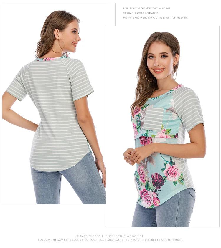 New Casual Womens Pregnant Maternity Clothes Nursing Tops Breastfeeding T-Shirt Pregnancy Striped Short Sleeve Shirt - NTKSTORE