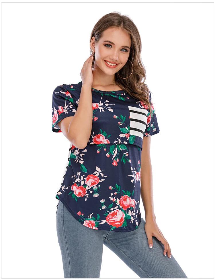 New Casual Womens Pregnant Maternity Clothes Nursing Tops Breastfeeding T-Shirt Pregnancy Striped Short Sleeve Shirt - NTKSTORE