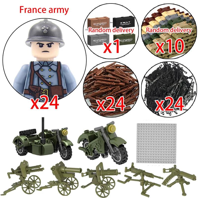 Children Toys Mini Military Figures Building Blocks WW2 UK French US Germany Soviet Army Soldiers Machine Gun Set Bricks Model - NTKSTORE