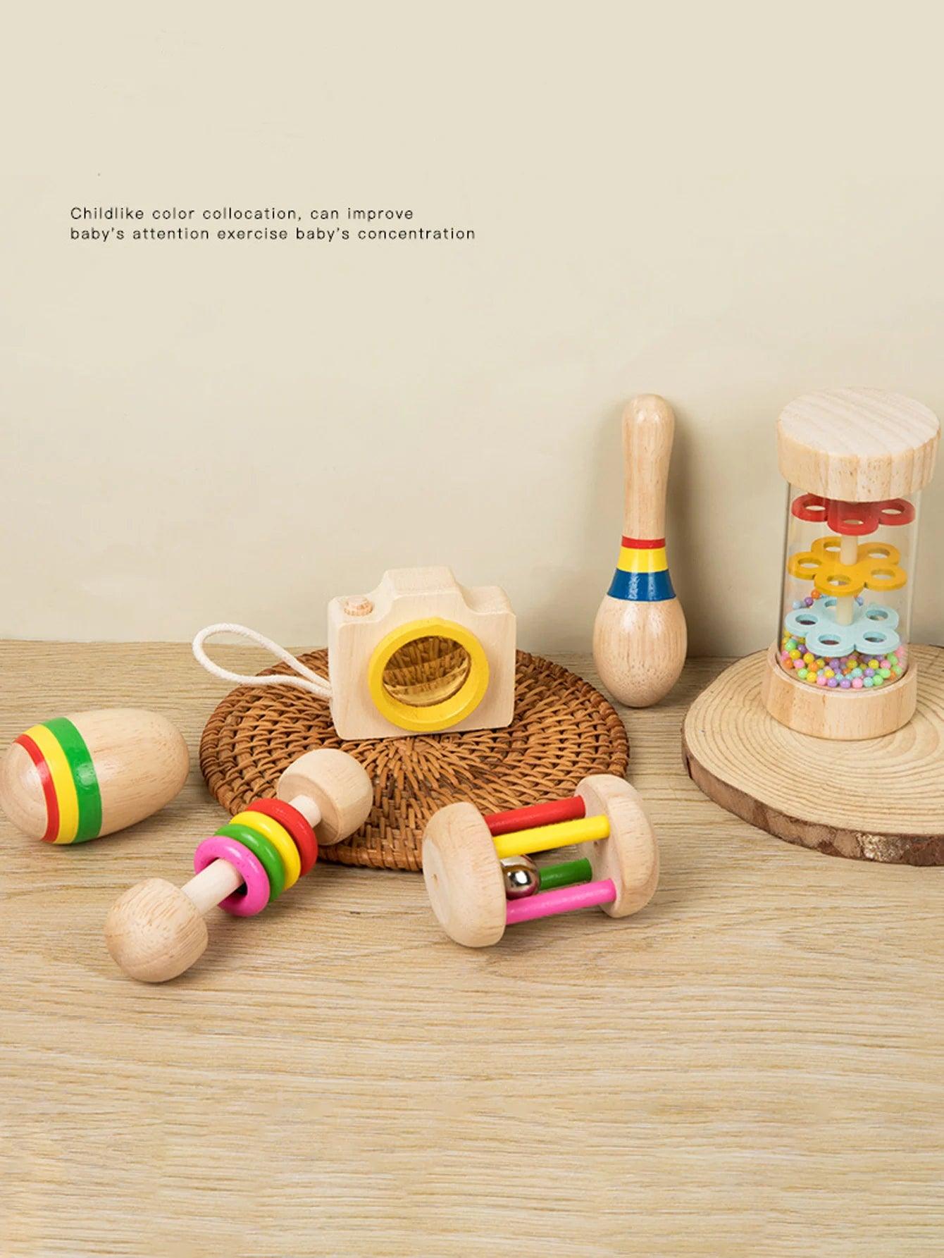 6pcs/set Wooden Musical Instruments Toys, Small Rattle, Sand Hammer, Sand Ball, Shake Bell Kaleidoscope, Griping Practice Toys - NTKSTORE