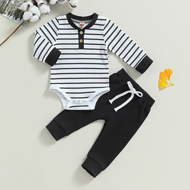 Casual Baby Boy 2Pcs Fall Outfits Long Sleeve Knitted Striped Print Romper Pants Set Infant Warm Clothes Baby's Sets