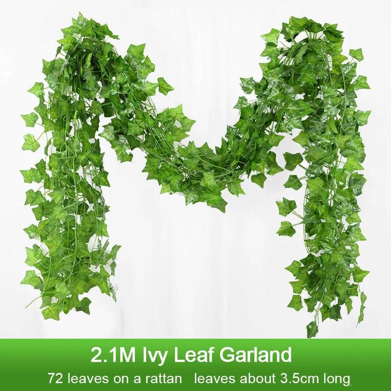 2.1M Artificial Plant Green Ivy Leaf Garland Silk Wall Hanging Vine Home Garden Decoration Wedding Party DIY Fake Wreath Leaves - NTKSTORE