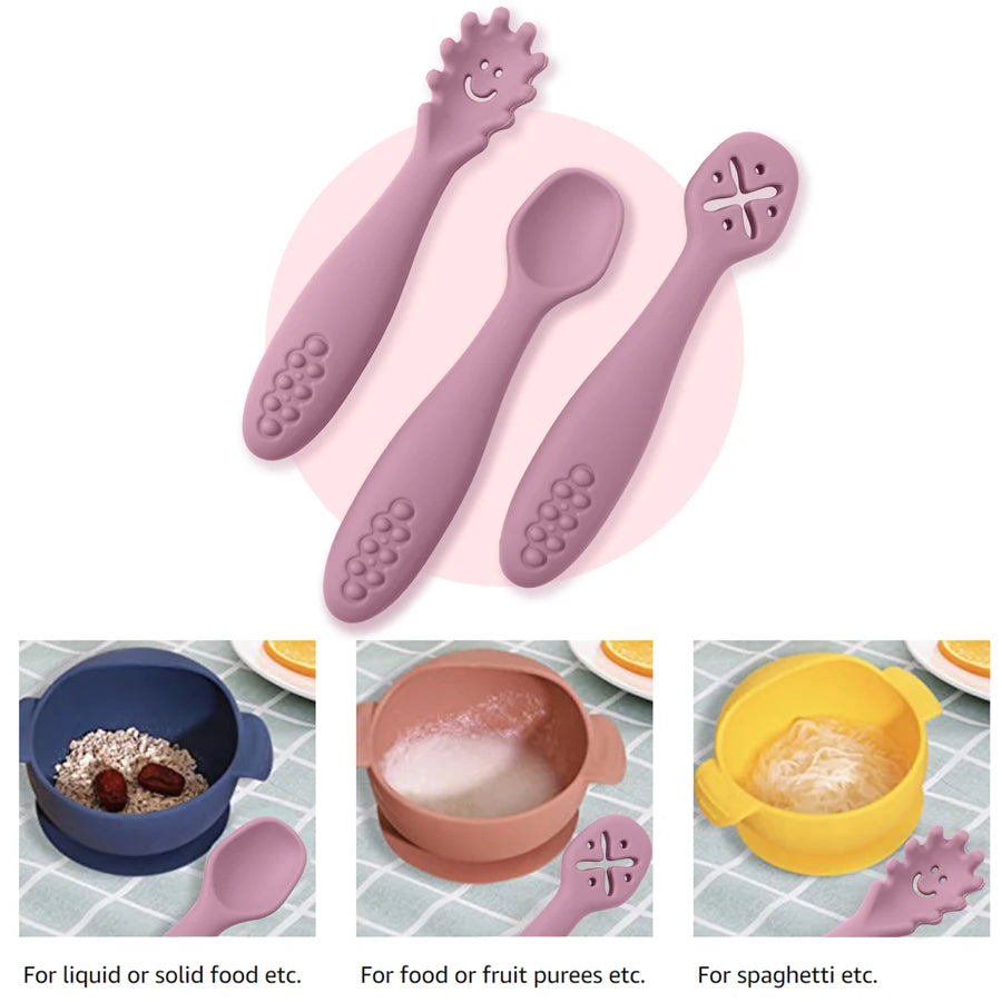 3PCS Kawaii Baby Learning Spoons Utensils Set Toddler Feeding Tableware Baby Silicone Teether Toys Training Cutlery Baby Stuff - NTKSTORE