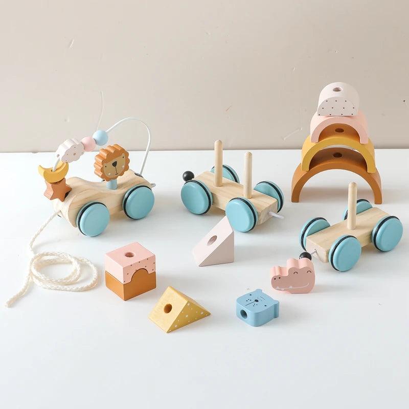 Baby Wooden Trailer Car Toys Rainbow Stacking Balance Blocks Animal Traction Car Star Moon Slider Beads For Kids Montessori Toys - NTKSTORE