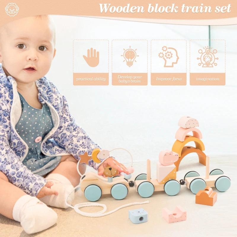 Baby Wooden Trailer Car Toys Rainbow Stacking Balance Blocks Animal Traction Car Star Moon Slider Beads For Kids Montessori Toys - NTKSTORE