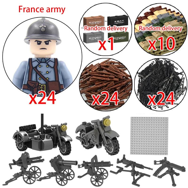 Children Toys Mini Military Figures Building Blocks WW2 UK French US Germany Soviet Army Soldiers Machine Gun Set Bricks Model - NTKSTORE