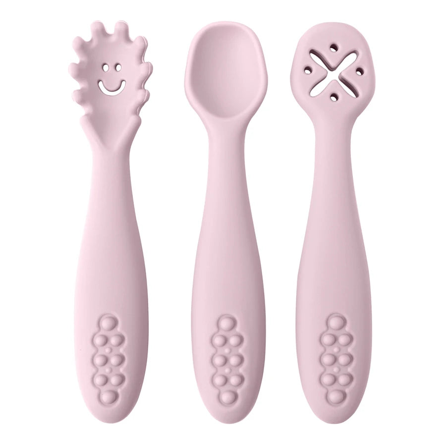 3PCS Kawaii Baby Learning Spoons Utensils Set Toddler Feeding Tableware Baby Silicone Teether Toys Training Cutlery Baby Stuff - NTKSTORE