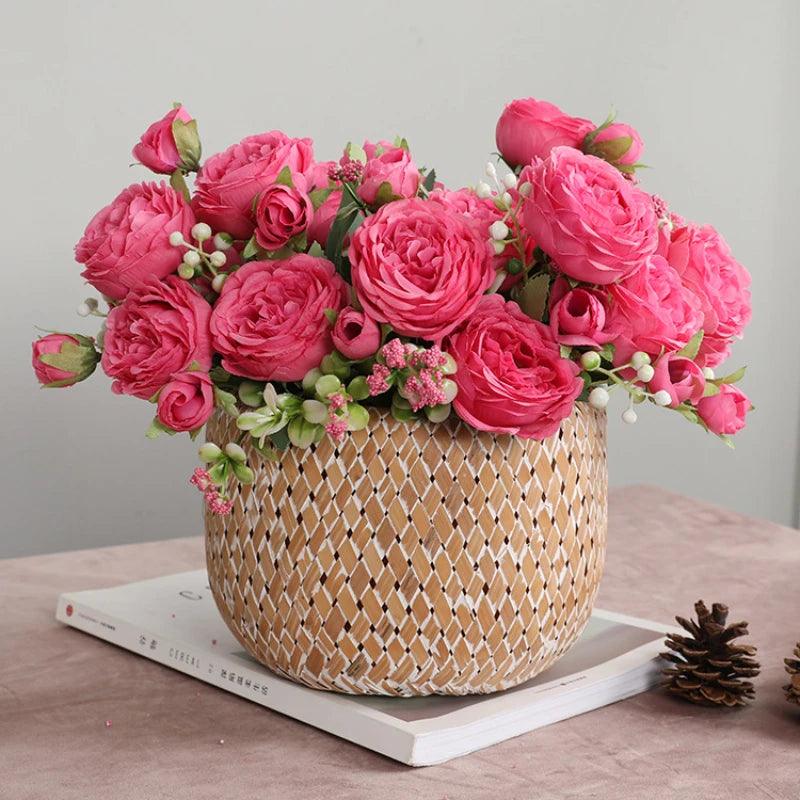 Hot Selling 1pcs/30cm Rose Pink Silk Bouquet Peony Artificial Flower 5 Big Head 4 Small Bud Bride Wedding Home Decoration Artifi - NTKSTORE