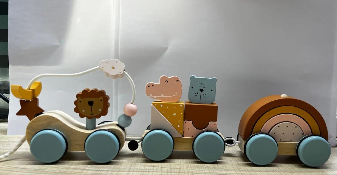 Baby Wooden Trailer Car Toys Rainbow Stacking Balance Blocks Animal Traction Car Star Moon Slider Beads For Kids Montessori Toys - NTKSTORE