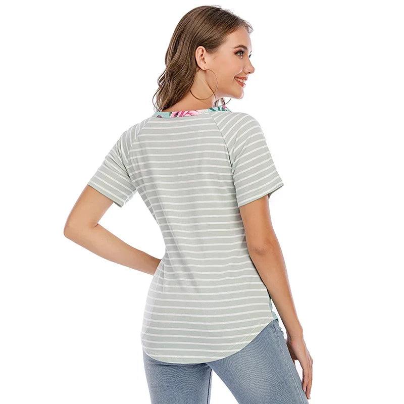 New Casual Womens Pregnant Maternity Clothes Nursing Tops Breastfeeding T-Shirt Pregnancy Striped Short Sleeve Shirt - NTKSTORE