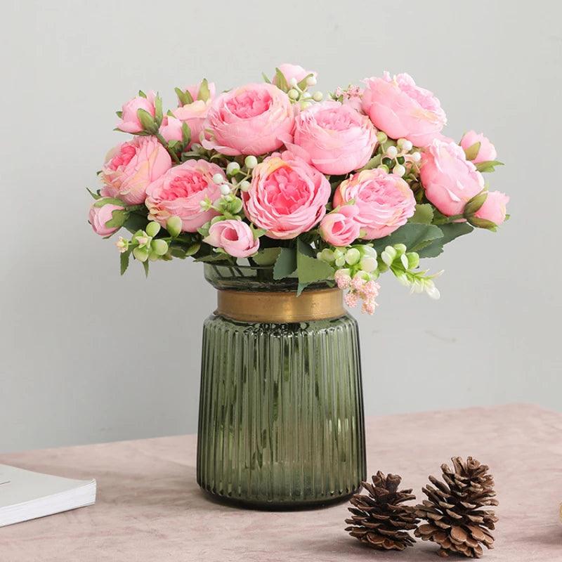 Hot Selling 1pcs/30cm Rose Pink Silk Bouquet Peony Artificial Flower 5 Big Head 4 Small Bud Bride Wedding Home Decoration Artifi - NTKSTORE