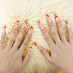 24 Pcs Flower Press on Nails Gradient Orange False Nails with Glue Autumn and Winter Extra Long Artificial French Cheap Nails