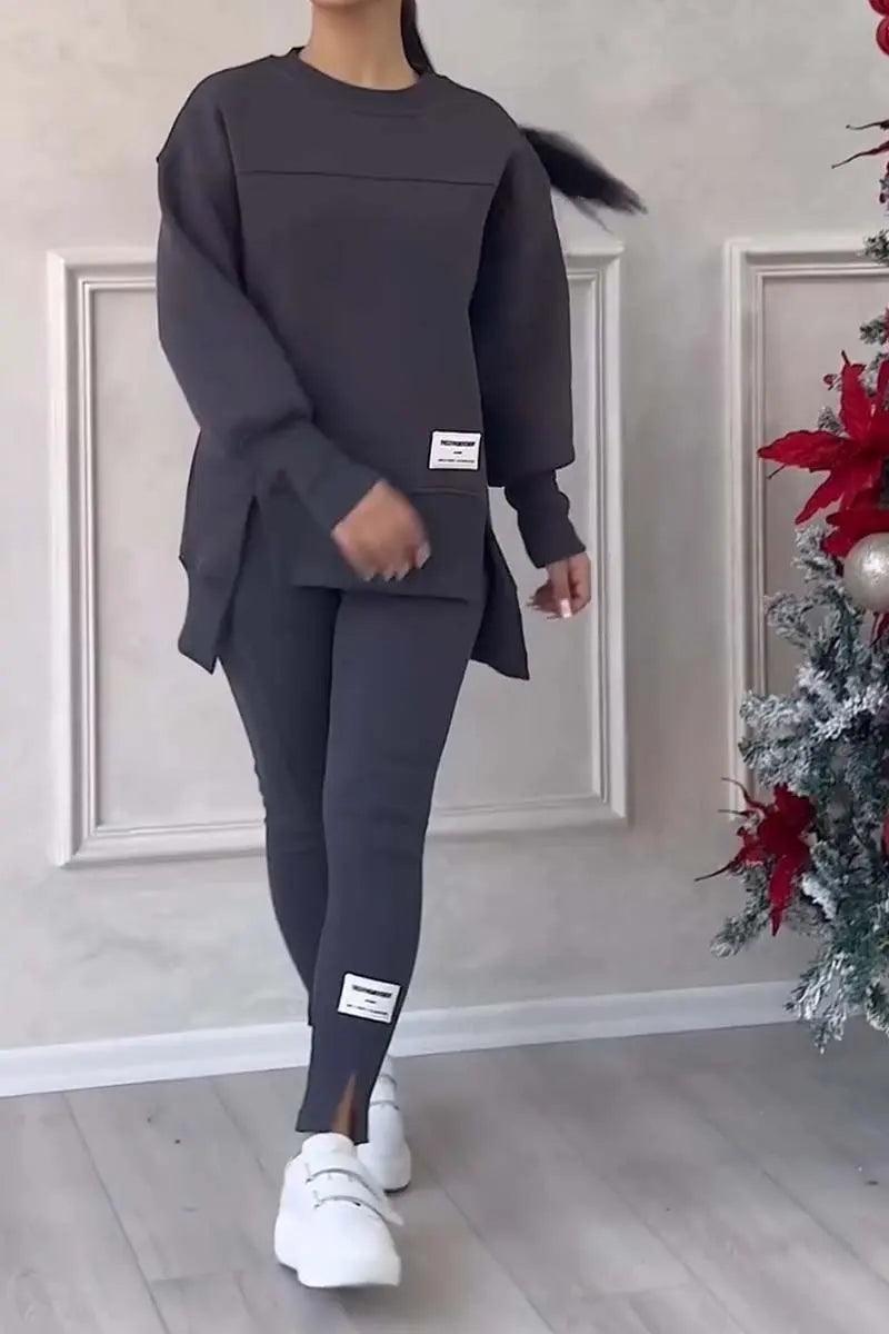 2pcs Women Sport Suit Hoodie Sweatshirt Winter Loose Irregular Top + Leggings Pant Casual Jogger Outfit Sports Two-piece Set - NTKSTORE