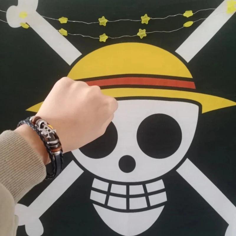 Anime One Piece Leather Bracelet Luffy Straw Hat Punk Black PU Woven Bracelet Cosplay Props Jewelry Collection Birthday Gift - NTKSTORE